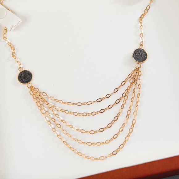 Costco Jewelry 14K Yellow Gold 5 Short-Rows & Coins Layered Necklace ITALY - Picture 2 of 4